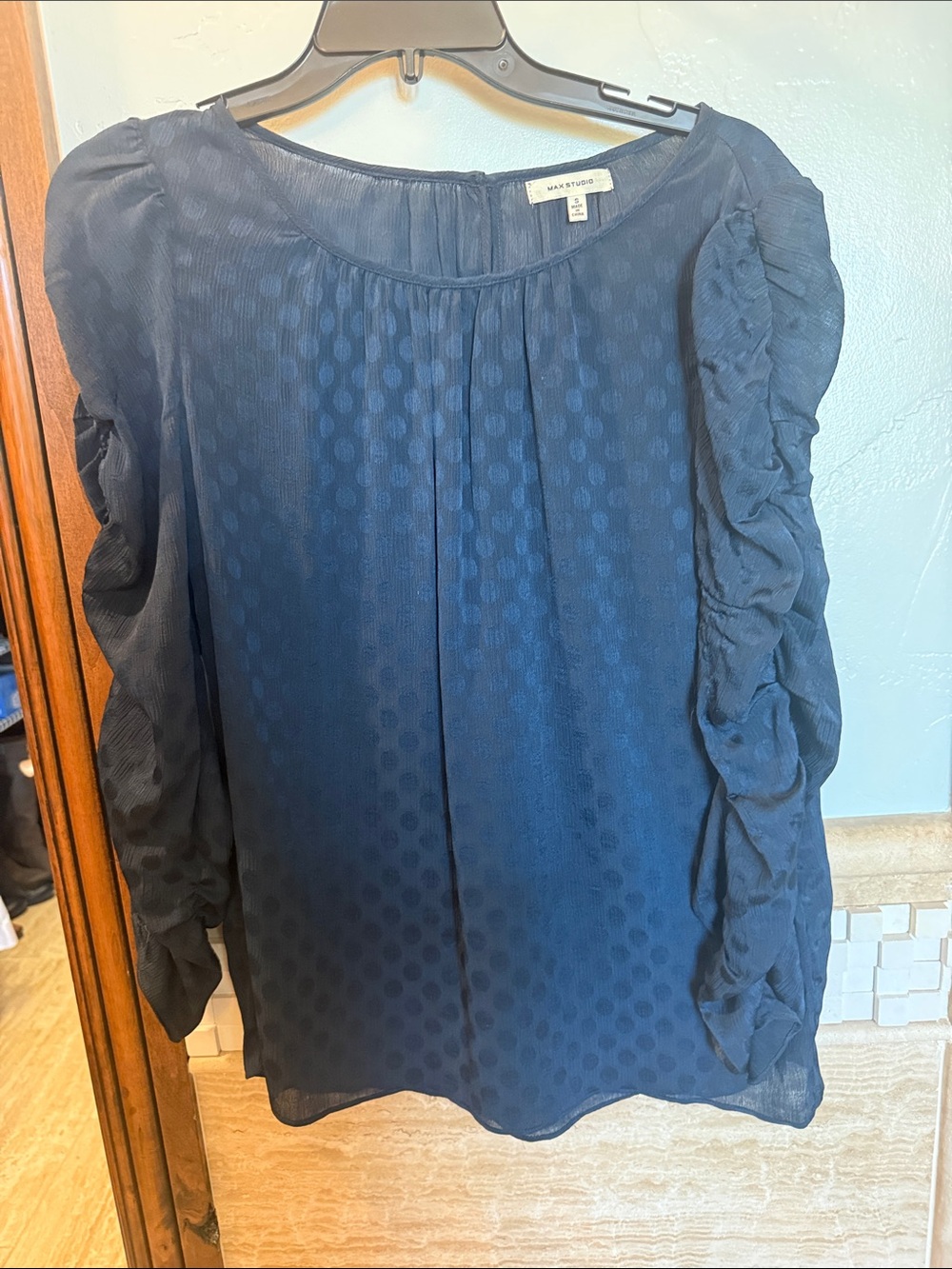 Max Studio Navy Dot Ruffle-Sleeve Blouse